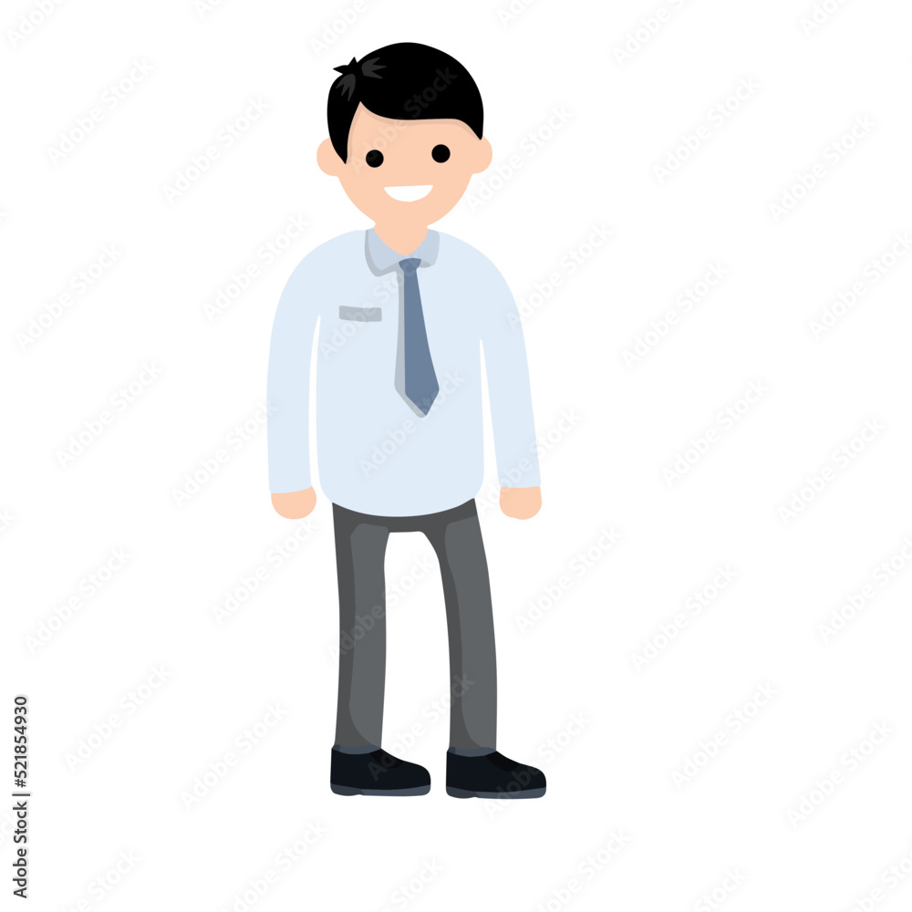 Businessman in suit. Office worker. happy Employee of company stands in pose. Funny guy in tie. Cartoon flat illustration Businessman in suit. Office worker. happy Employee of company stands in pose. Funny guy in tie. Cartoon flat illustration