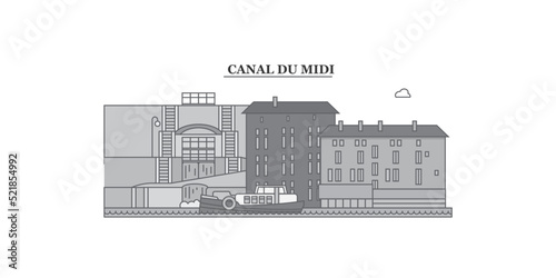 France, Canal Du Midi city skyline isolated vector illustration, icons