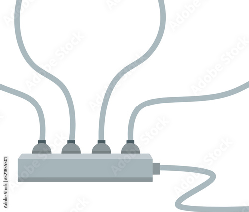 Many outlets to plug with wires. load on system. Cartoon flat illustration. Household appliance at home. High voltage and current. Electrical socket