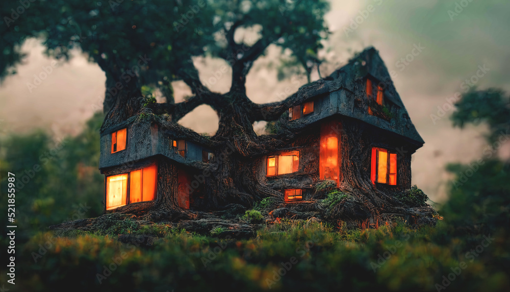 Fantasy tree house. Fairytale fantasy landscape, tree house. 3D illustration