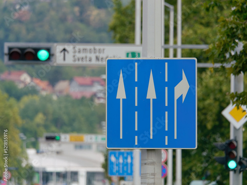 Rectangle blue road sign with three white arrows, two straight ahead and one to the right, attached to a metal pole