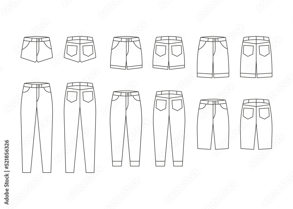 Jeans pants and shorts outline, trousers denim with pockets, line icon. Fabric trousers mockup with front, back view. Vector flat illustration