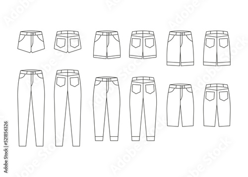 Jeans pants and shorts outline  trousers denim with pockets  line icon. Fabric trousers mockup with front  back view. Vector flat illustration