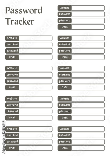 Password Tracker Planner Template Sheet. Minimalist Planner Page Template. Modern planner template sheet.