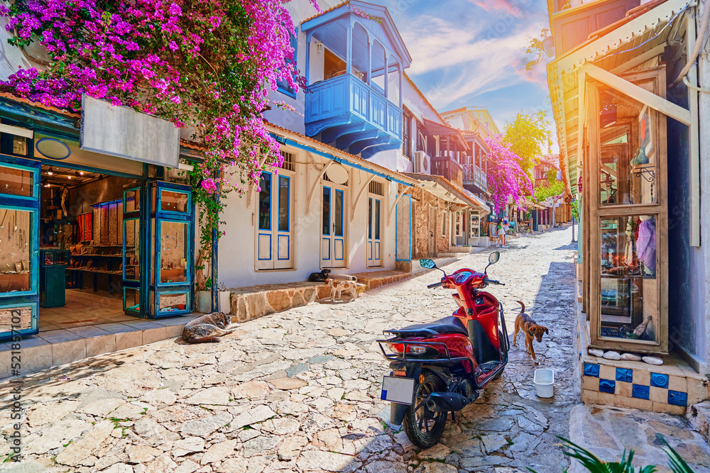 Old colored street view with white houses in Kas city, Turkey