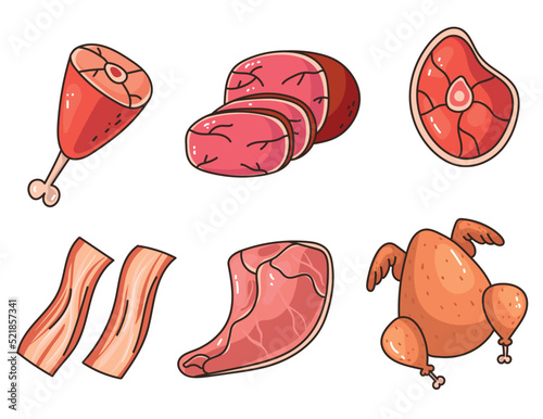 Meat food raw steak chicken beef pork sausage barbecue isolated set collection concept. Vector graphic design element illustration
