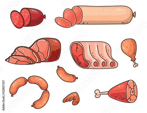 Meat food raw steak chicken beef pork sausage barbecue isolated set collection concept. Vector graphic design element illustration
