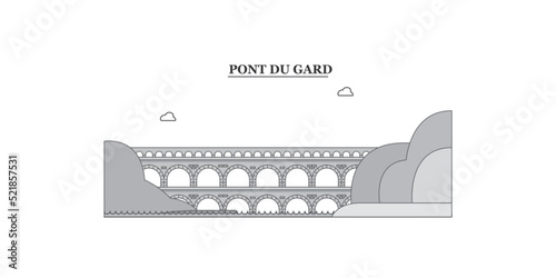 France, Pont Du Gard city skyline isolated vector illustration, icons