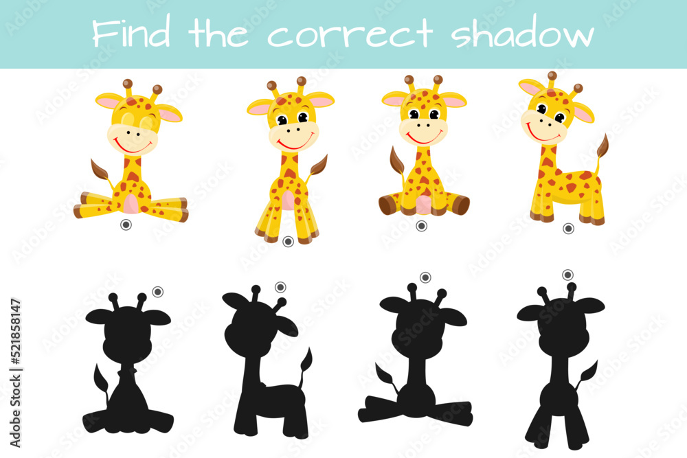 Find correct shadow. Kids educational logic game. Cute funny giraffe. Vector illustration isolated on white background.