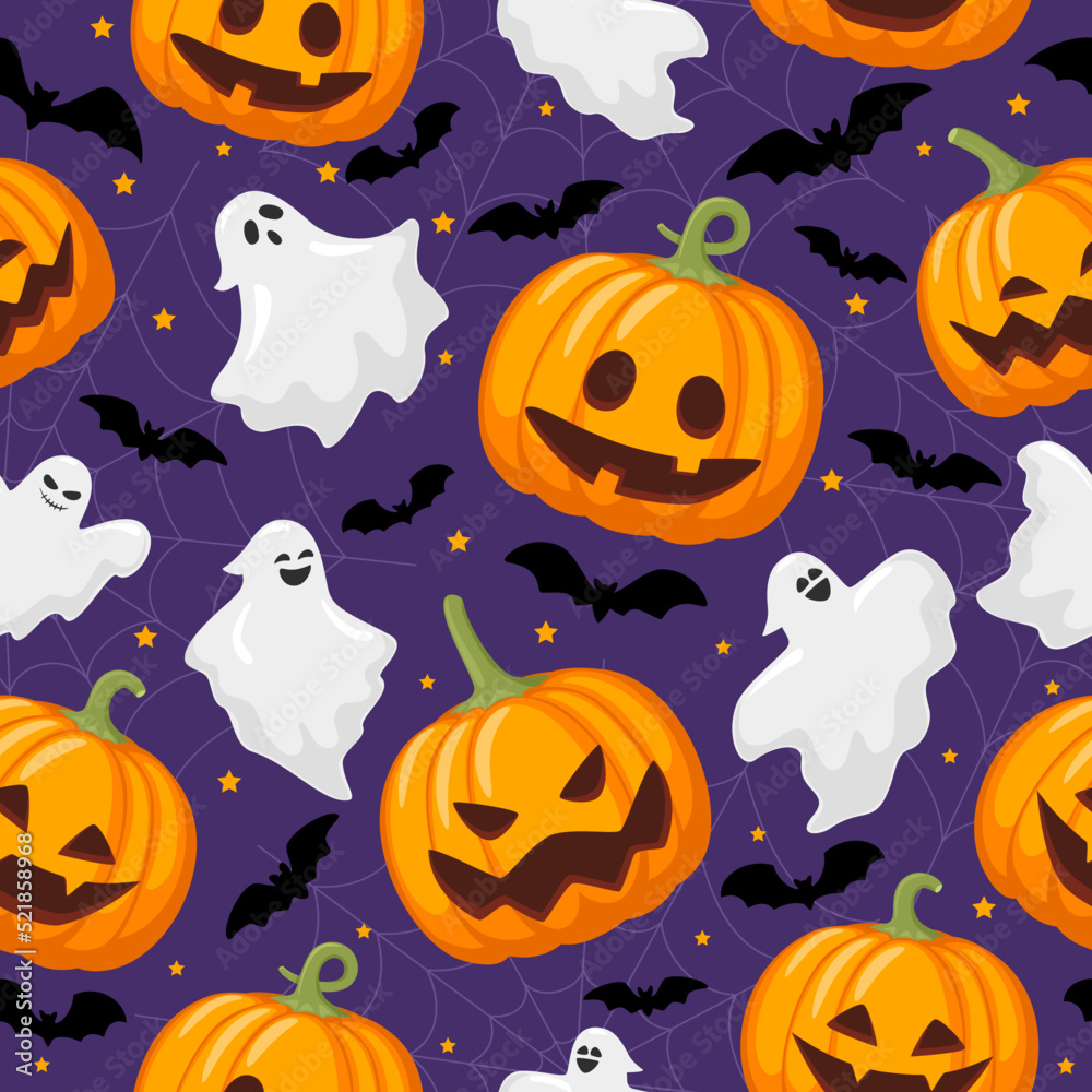 Halloween seamless pattern with ghosts, pumpkin and bats. Holiday spooky design. Vector illustration. Halloween seamless pattern with ghosts, pumpkin and bats. Holiday spooky design. Vector illustration.