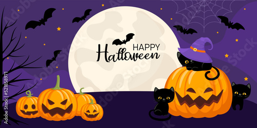 Happy Halloween. Vector illustration design template for banner or poster. Halloween concept with bats, pumpkins, moon and black cats.