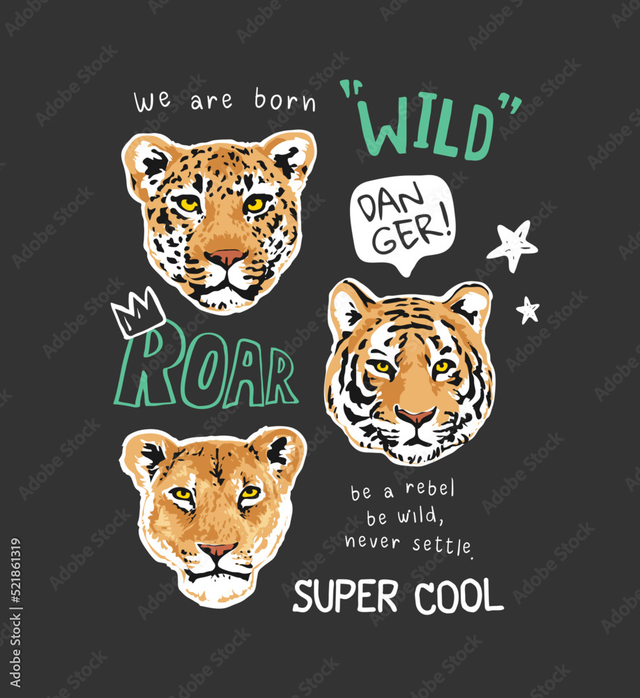 typography slogan with cartoon wild animals head vector illustration on  black background Stock Vector | Adobe Stock