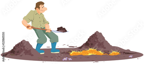 Man bury pile of gold. Illustration for internet and mobile website.