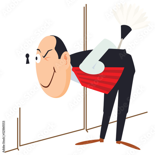 Doorman peeks through keyhole. Illustration for internet and mobile website.