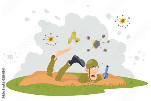 Frightened soldiers are hiding in trenches from shelling. Illustration for internet and mobile website.