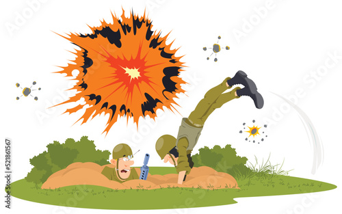 Frightened soldiers are hiding in trenches from shelling. Illustration for internet and mobile website.