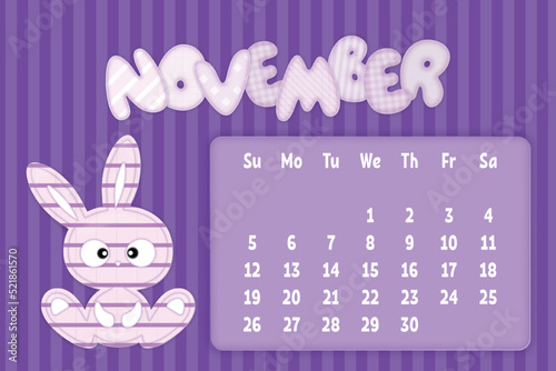 November 2023 Page for kids calendar in funny textile style with cartoon rabbit. Children's horizontal wall calendar template
