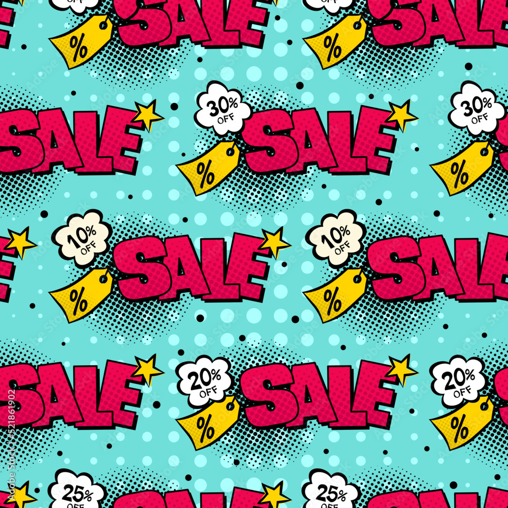 Seamless sale pattern. Comic Background for discounts, promotions and offers. Pop art title, lightning and stars. Vector illustration for showcase and trading floor decoration.