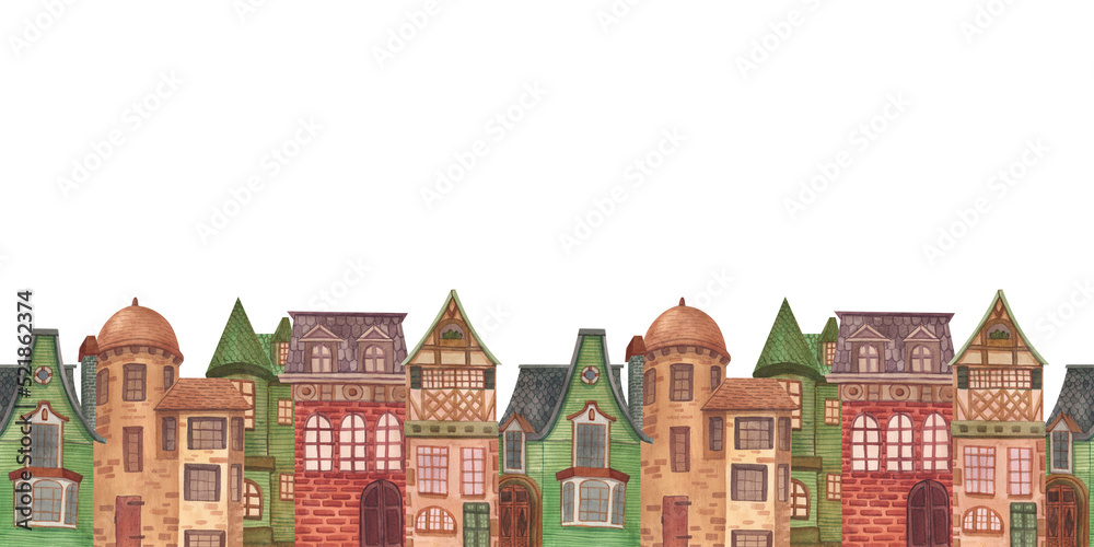 House home cottage cosy building estate seamless painted by watercolor isolated on a white background cartoon set illustration. Hand-drawn cute of architecture suburban old european town.