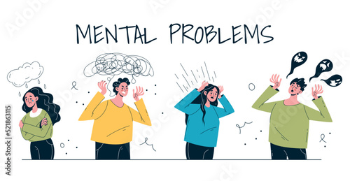 Mental psychology schizophrenia anxiety depressed mind disorder emotional stress depression concept isolated on white background set. Vector design graphic element illustration