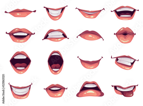 Mouth lips character emotions open and closed man woman animate facial expressions isolated set collection concept. Vector design graphic element illustration