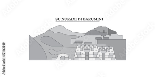 Italy, Barumini, Su Nuraxi Di Barumini city skyline isolated vector illustration, icons photo