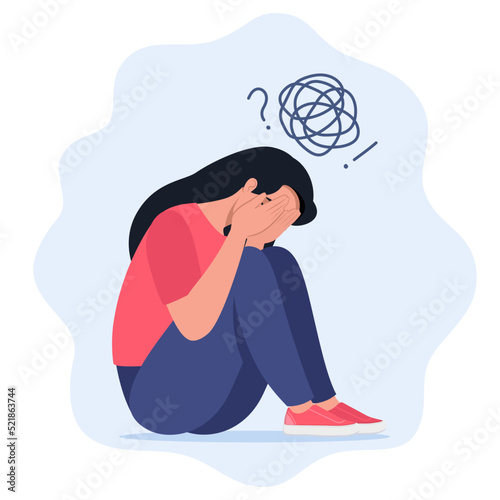 Depressed Unhappy Woman Sit on Floor with Tangled Thoughts in Head, Girl Need Psychological Help. Mind Health Problem, Mental Disease. Vector Illustration.