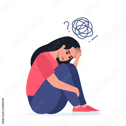 Depressed Unhappy Woman Sit on Floor with Tangled Thoughts in Head, Girl Need Psychological Help. Mind Health Problem, Mental Disease. Vector Illustration.