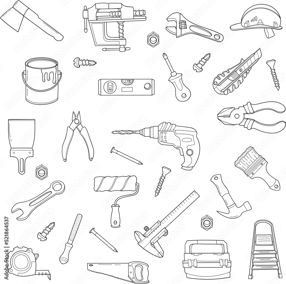 Hand drawn construction tools icons set. Vector illustration, doodle style.