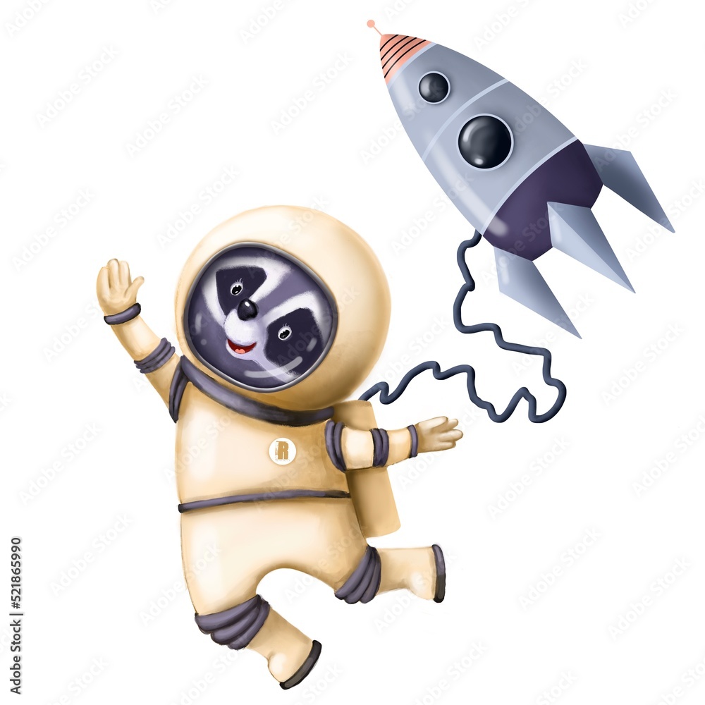 cute raccoon astronaut with space rocket, watercolor illustration, children's clipart with cartoon character cute raccoon astronaut with space rocket, watercolor illustration, children's clipart with cartoon character