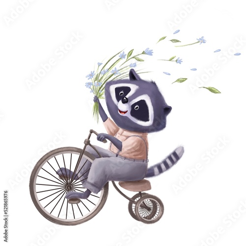 cute raccoon on bicycle with flowers watercolor illustration, holiday clipart with cartoon character