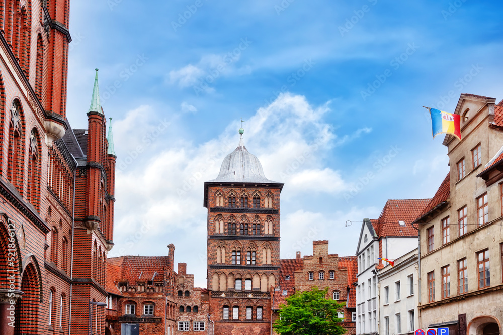 Fototapeta premium The Burgtor, built 1444 in late Gothic style, was the northern city gate of Hanseatic Lübeck, Germany