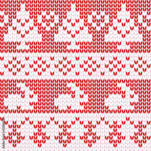 Scandinavian ornamental christmas knitted pattern, red and white snowflakes, rabbits, christmas trees	
