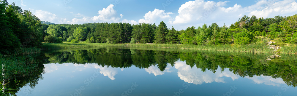 lake panorama with blue sky and white clouds
