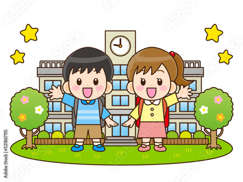 学校に登校する少年少女の素材＿ベクター