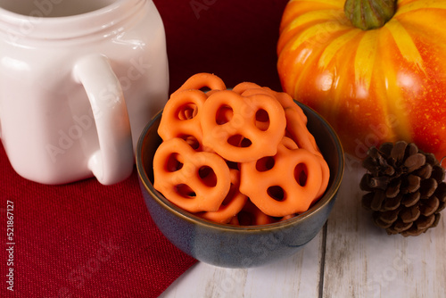 Closeup of orange pumpkin spice pretzels