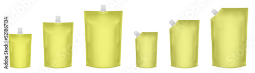 Set of yellow doypack packaging with screw cap. Blank foil drink bags pouches with spout. Stand up doy pack mock up set. Cosmetic refill