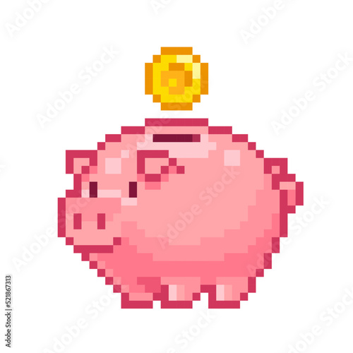 Pixel Piggy Bank with gold coin isolated on white vector. Pixel Art Piggy Bank icon. Saving money concept. Pixelated money box in 8-bit retro game 80s - 90s style