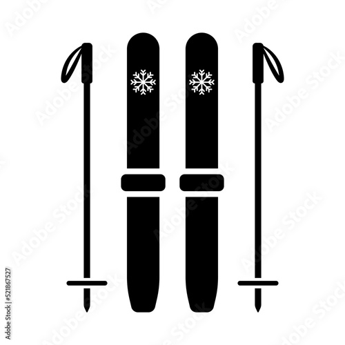 Skis and ski poles icon. Black silhouette. Vertical front side view. Vector simple flat graphic illustration. Isolated object on a white background. Isolate.