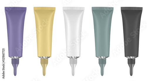 Set of tubes with long nozzle and long cap. Purple, yellow, white, green and black. Cosmetic packaging. Serum or ointment. Gel or cream. Vector illustration isolated on a white background