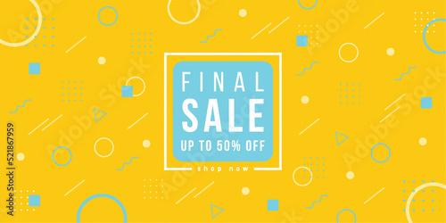 Final sale banner with geometric forms, lines and dots in trendy memphis style. Invitation for shopping with 50 percent off.	