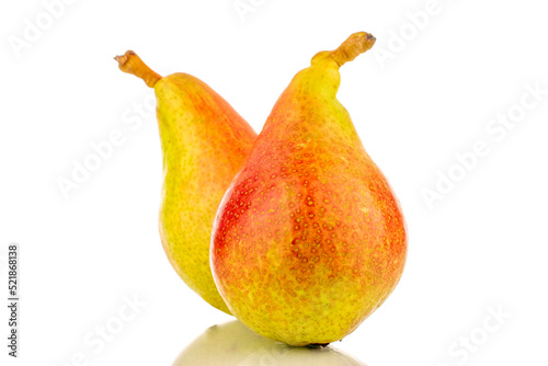 Two organic juicy pears, close-up, isolated on a white background.
