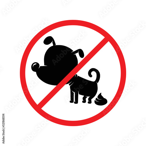 Dog walking is prohibited sign, Funny cartoon dog relieves himself, poops. An image about the need to clean up after animals. Black silhouette, isolated vector illustration