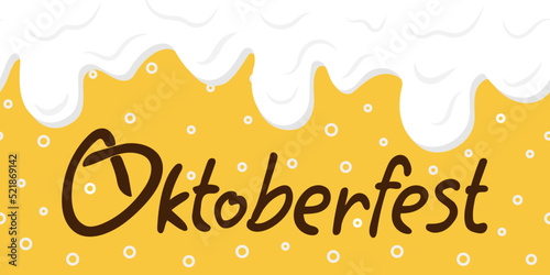 Seamless beer border with flowing foam. The title is Oktoberfest. Golden drink with bubbles. Craft beer. Vector illustration