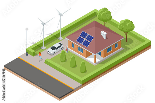 Isometric Modern House with Solar Panels and Wind Turbines. Green Eco House. Energy Effective House