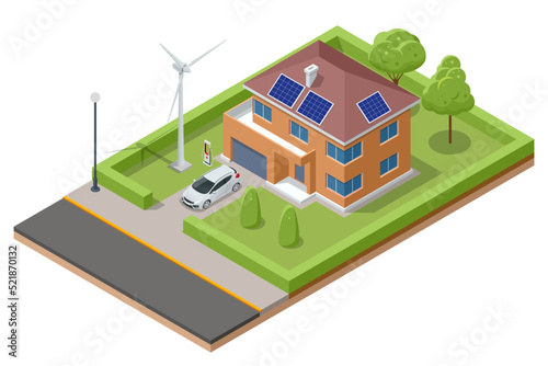 Isometric Modern House with Solar Panels and Wind Turbines. Green Eco House. Energy Effective House