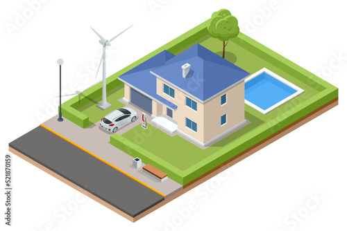Isometric Modern House with Solar Panels and Wind Turbines. Green Eco House. Energy Effective House