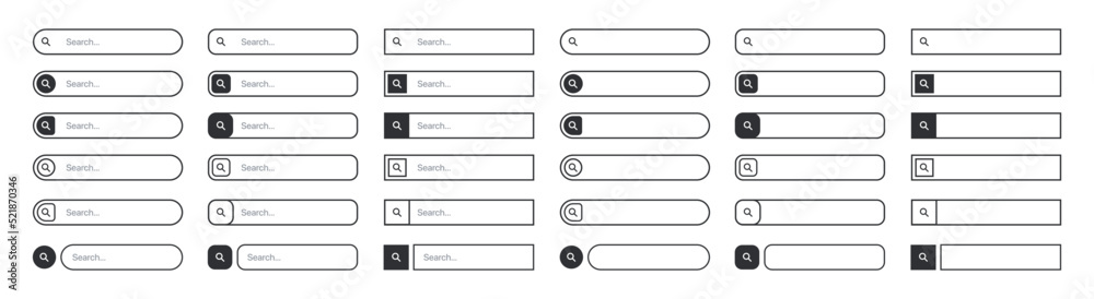 Set of web search bars. Search bar, search boxes collection. Computer searched navigator. Set of elements for design interface of website, mobile app, UI UX. Set of web search bars. Search bar, search boxes collection. Computer searched navigator. Set of elements for design interface of website, mobile app, UI UX.