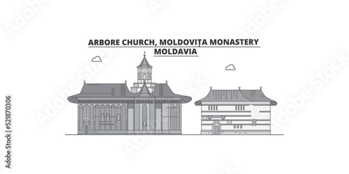 Moldavia, Arbore Church, Moldovita Monastery city skyline isolated vector illustration, icons photo