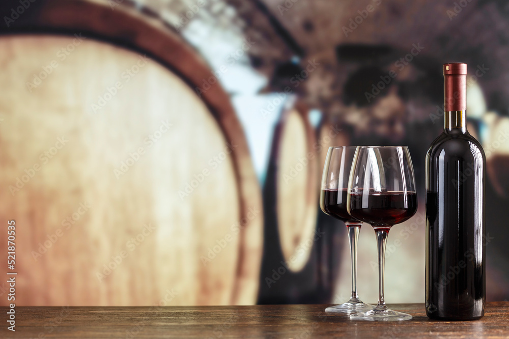 Fotografie Wine cellar with wine bottle and glasses
